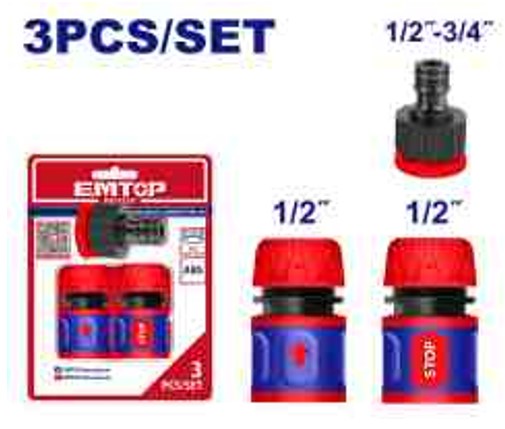 Complete Professional 3 Piece Hose Quick Connectors Set 1/2-3/4 inch Fittings - Plastic Quick Connector with Water Stop TAP Adaptor Reducer Garden Equipment Attachment
